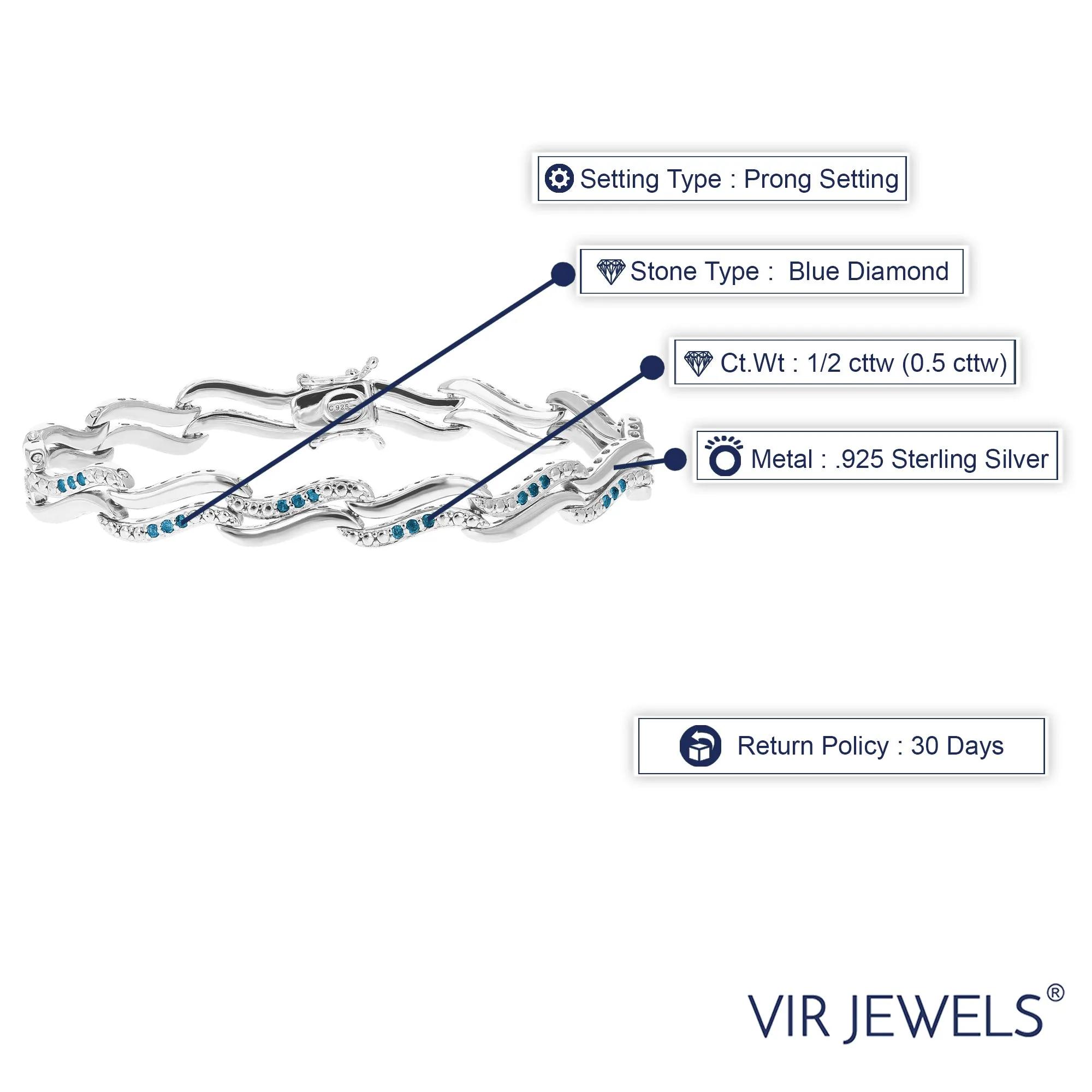 1/2 cttw Blue Diamond Wave Tennis Bracelet in Sterling Silver