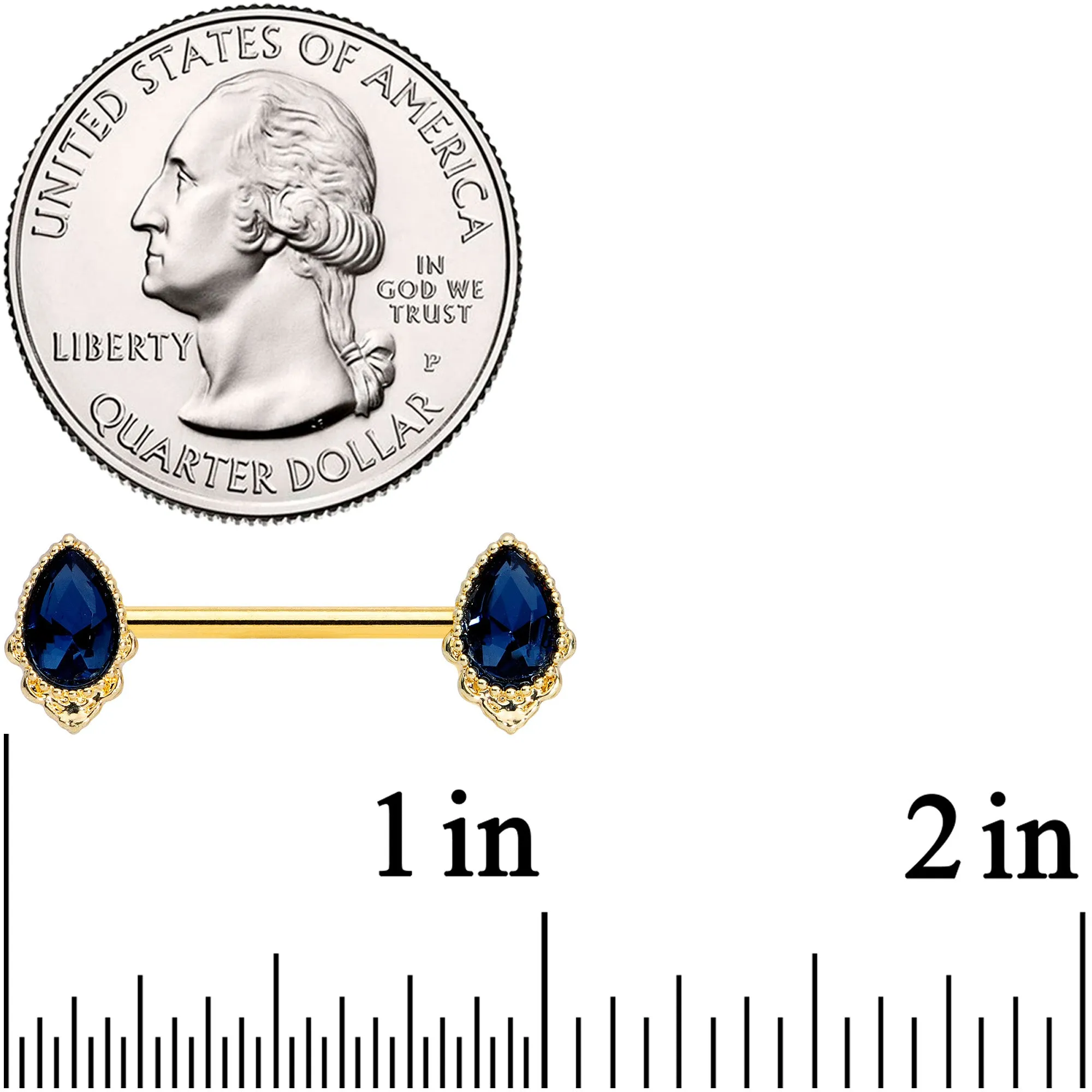 14 Gauge 9/16 Blue Gem Gold Tone Noble Drop Barbell Nipple Ring Set