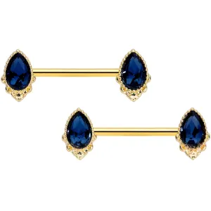 14 Gauge 9/16 Blue Gem Gold Tone Noble Drop Barbell Nipple Ring Set