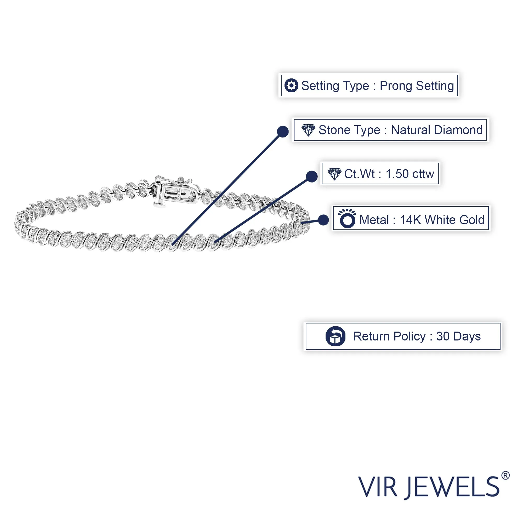 1.50 cttw S Oval Link Diamond Tennis Bracelets in 14K White Gold