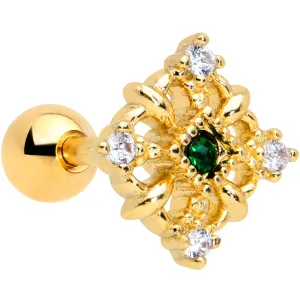 16 Gauge 1/4 Green Gem Gold Tone Noble Square Cartilage Tragus Earring