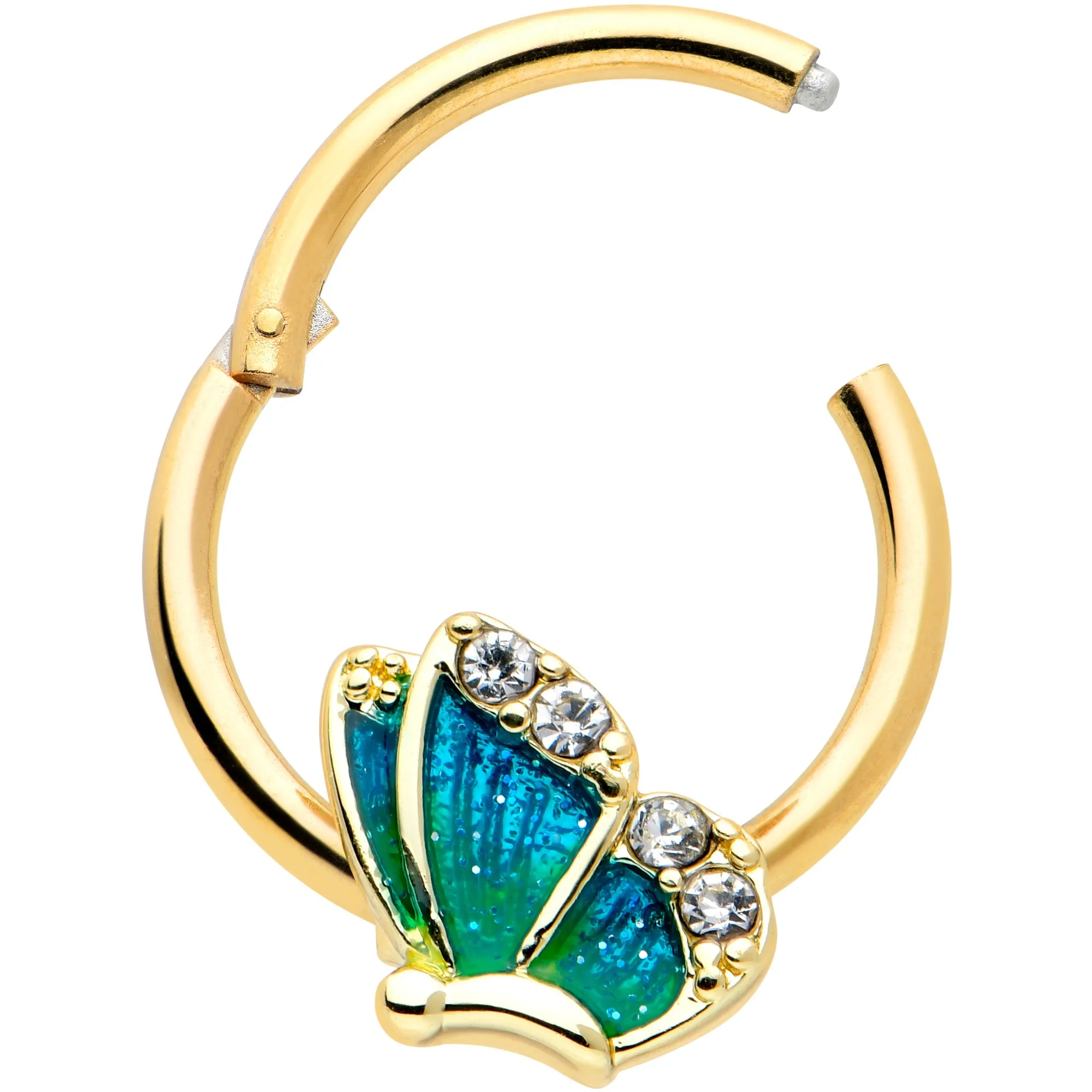 16 Gauge 3/8 Clear Gem Gold Tone Blues Butterfly Hinged Segment Ring