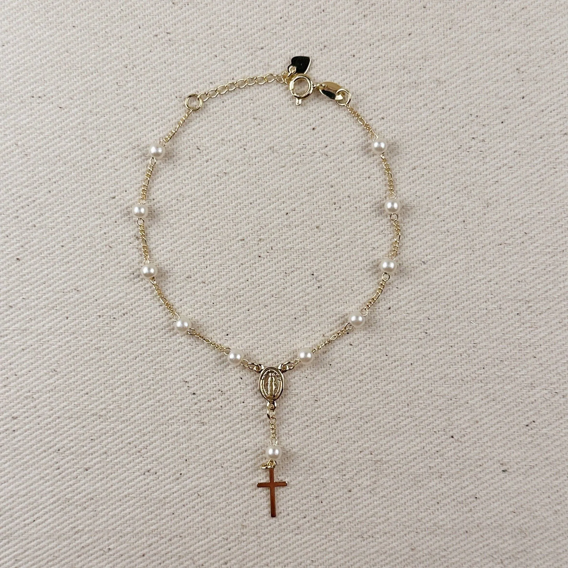 18k Gold Filled Pearl & Figaro Rosary Bracelet