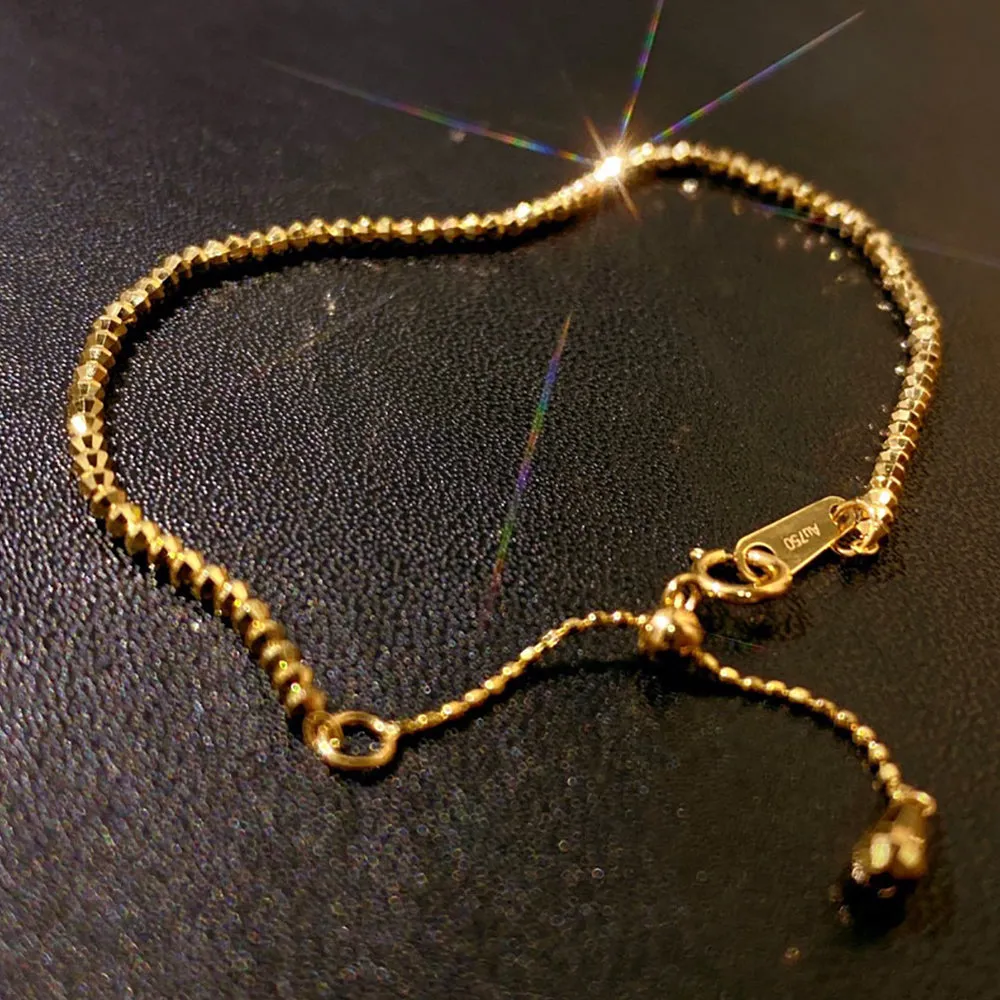 18K Solid Gold Bead Chain Beaded Bracelet Glossy Elegant Charm Jewelry 7.1"