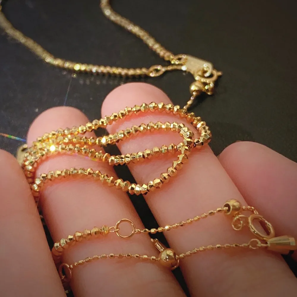 18K Solid Gold Bead Chain Beaded Bracelet Glossy Elegant Charm Jewelry 7.1"