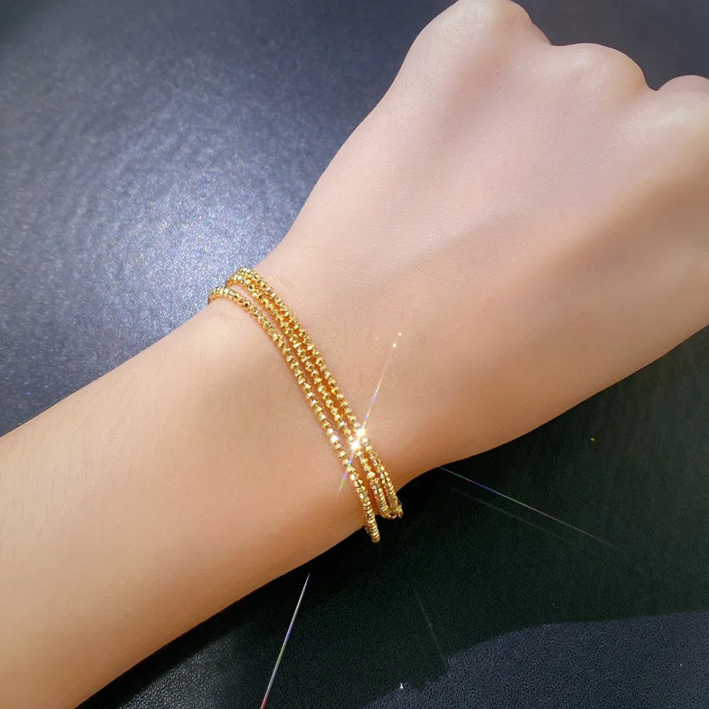 18K Solid Gold Bead Chain Beaded Bracelet Glossy Elegant Charm Jewelry 7.1"