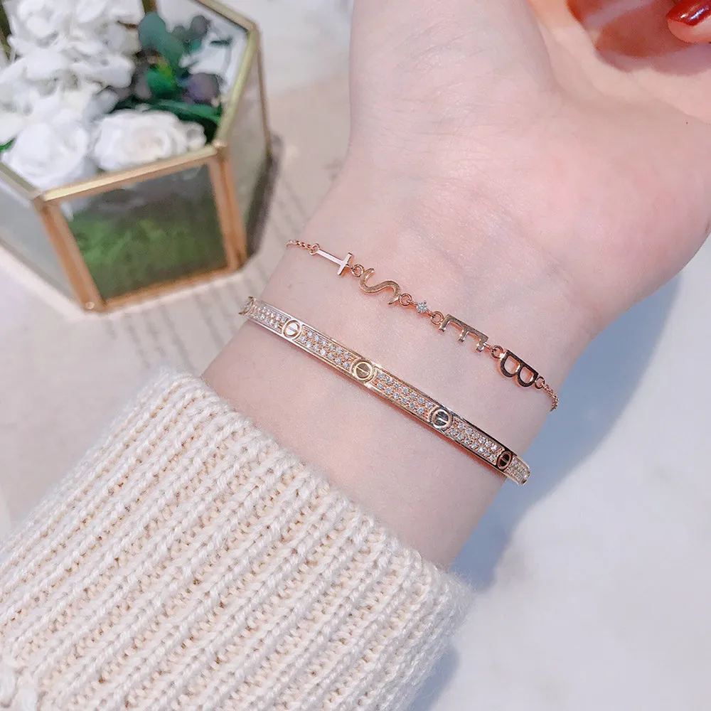 18K Solid Gold Natural Diamond Bracelet Letters BEST Elegant Charm Jewelry 7.3 in