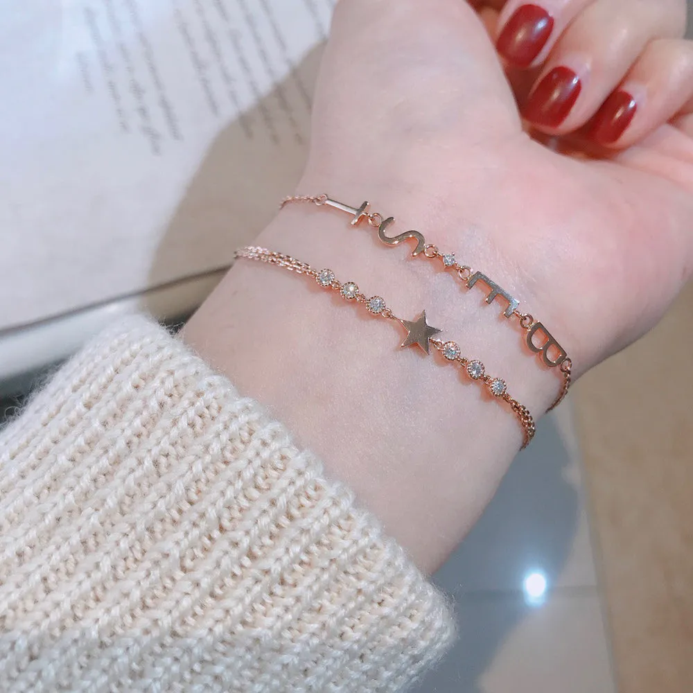 18K Solid Gold Natural Diamond Bracelet Letters BEST Elegant Charm Jewelry 7.3 in