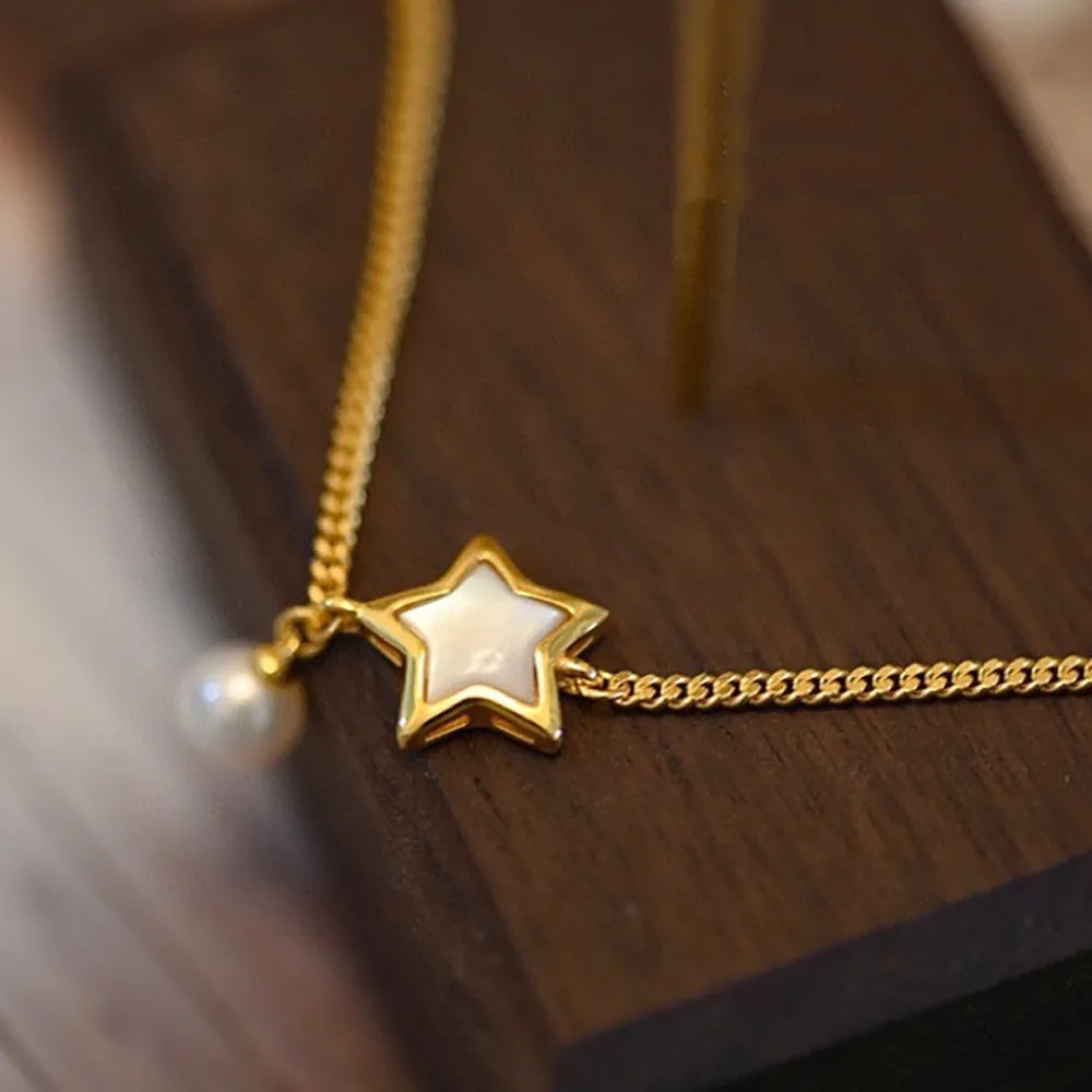 18K Solid Gold Natural Freshwater Pearl Bracelet Pearl Shell Star Cuban Chain Elegant Jewelry