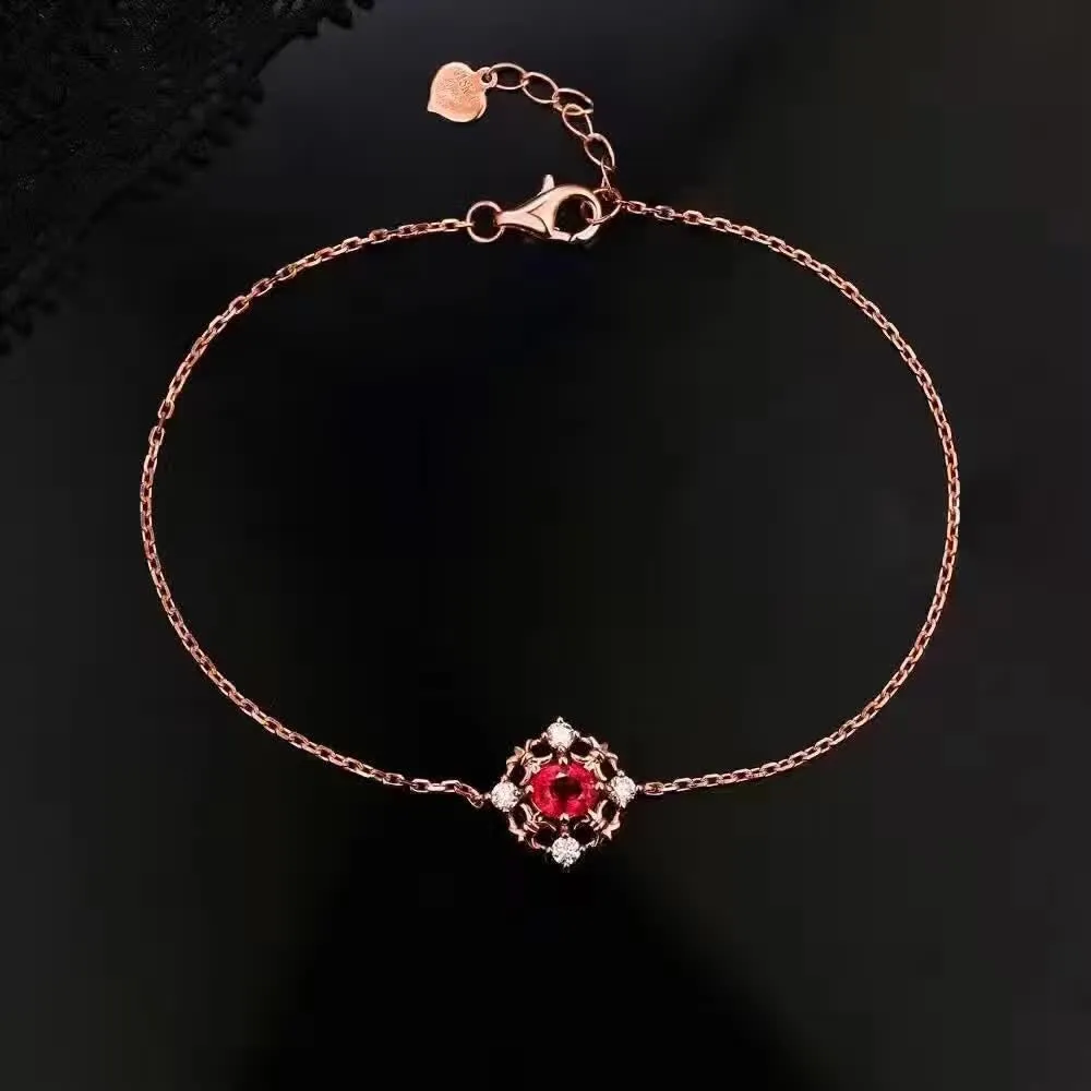 18K Solid Gold Natural Oval Ruby Diamond Bracelet Elegant Charm Jewelry 6.9 in