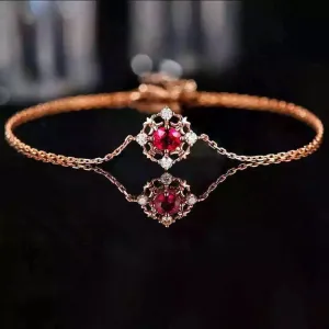 18K Solid Gold Natural Oval Ruby Diamond Bracelet Elegant Charm Jewelry 6.9 in
