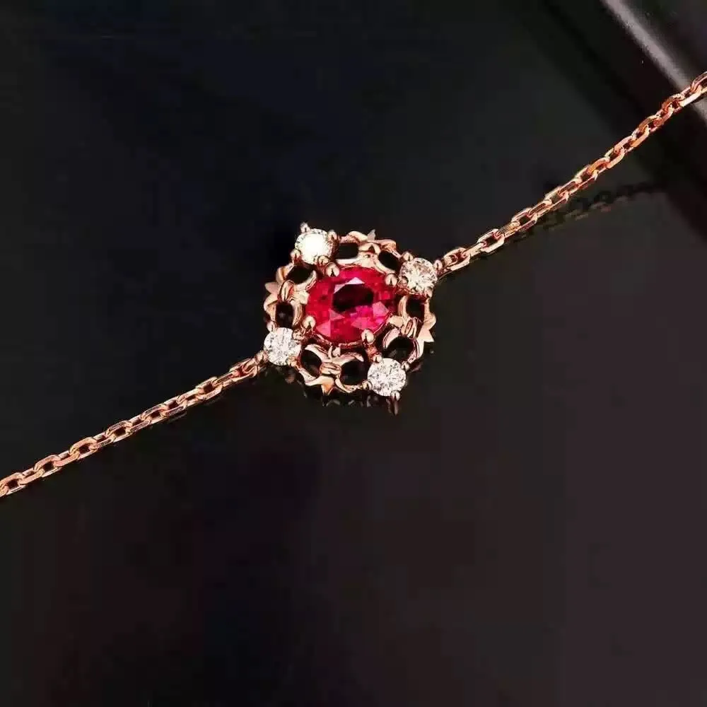18K Solid Gold Natural Oval Ruby Diamond Bracelet Elegant Charm Jewelry 6.9 in