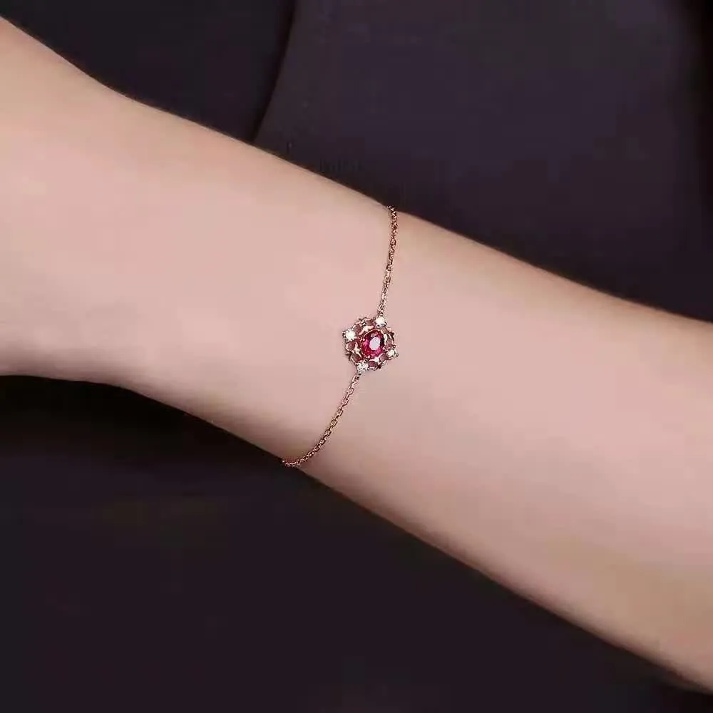 18K Solid Gold Natural Oval Ruby Diamond Bracelet Elegant Charm Jewelry 6.9 in