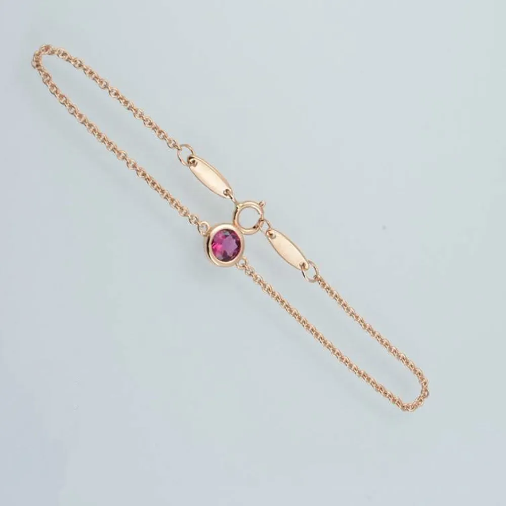18K Solid Gold Natural Round Red Tourmaline Bracelet Elegant Charm Jewelry 6.7 in