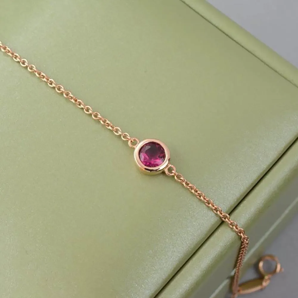 18K Solid Gold Natural Round Red Tourmaline Bracelet Elegant Charm Jewelry 6.7 in