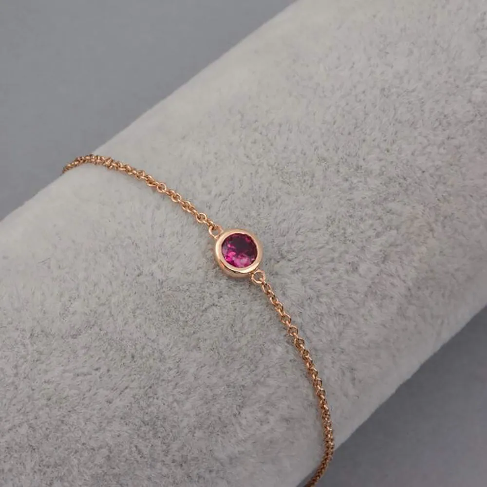 18K Solid Gold Natural Round Red Tourmaline Bracelet Elegant Charm Jewelry 6.7 in
