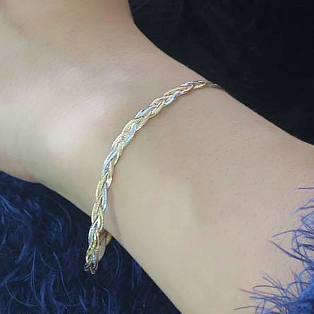18K Solid Multicolor Gold Twist Braided Chain Bracelet Charm Jewelry 7.7"