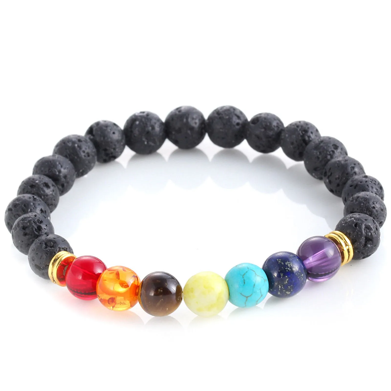 190 mm/7.5 in-Certified Natural 7 Chakra Healing Lava Jade Beads Stretchy Diffuser Bracelet Jewelry HI