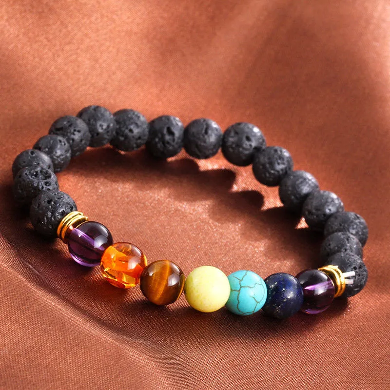 190 mm/7.5 in-Certified Natural 7 Chakra Healing Lava Jade Beads Stretchy Diffuser Bracelet Jewelry HI