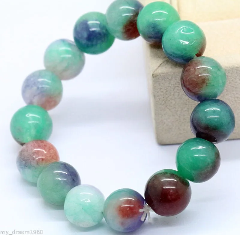 190 mm/7.5 in-Certified Natural Multi-Color Icy Emerald Jade Beads Stretchy Bracelet
