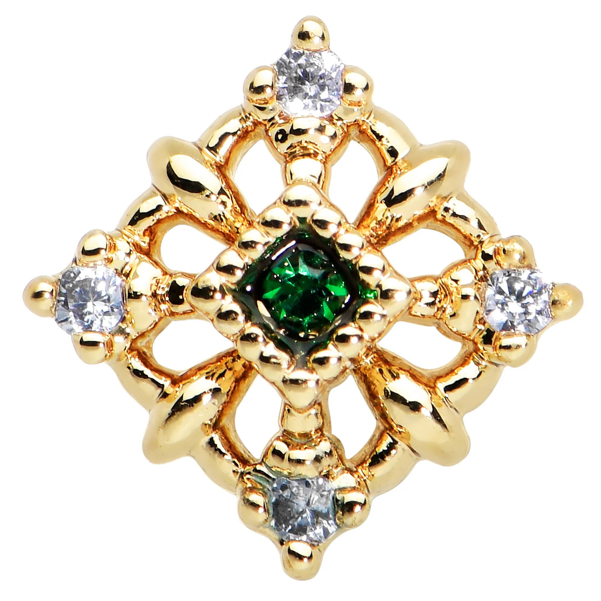 20 Gauge 1/4 Green Gem Gold Tone Noble Square Nose Bone