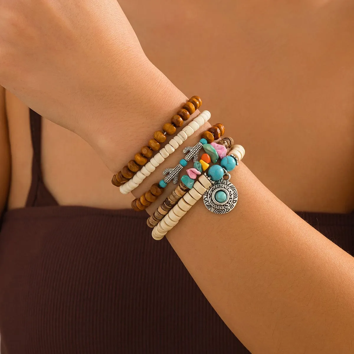 5 Pcs Turquoise Inlaid Round Disk Cactus Charm Coconut Shell Wood Beaded Chain Bracelet Set