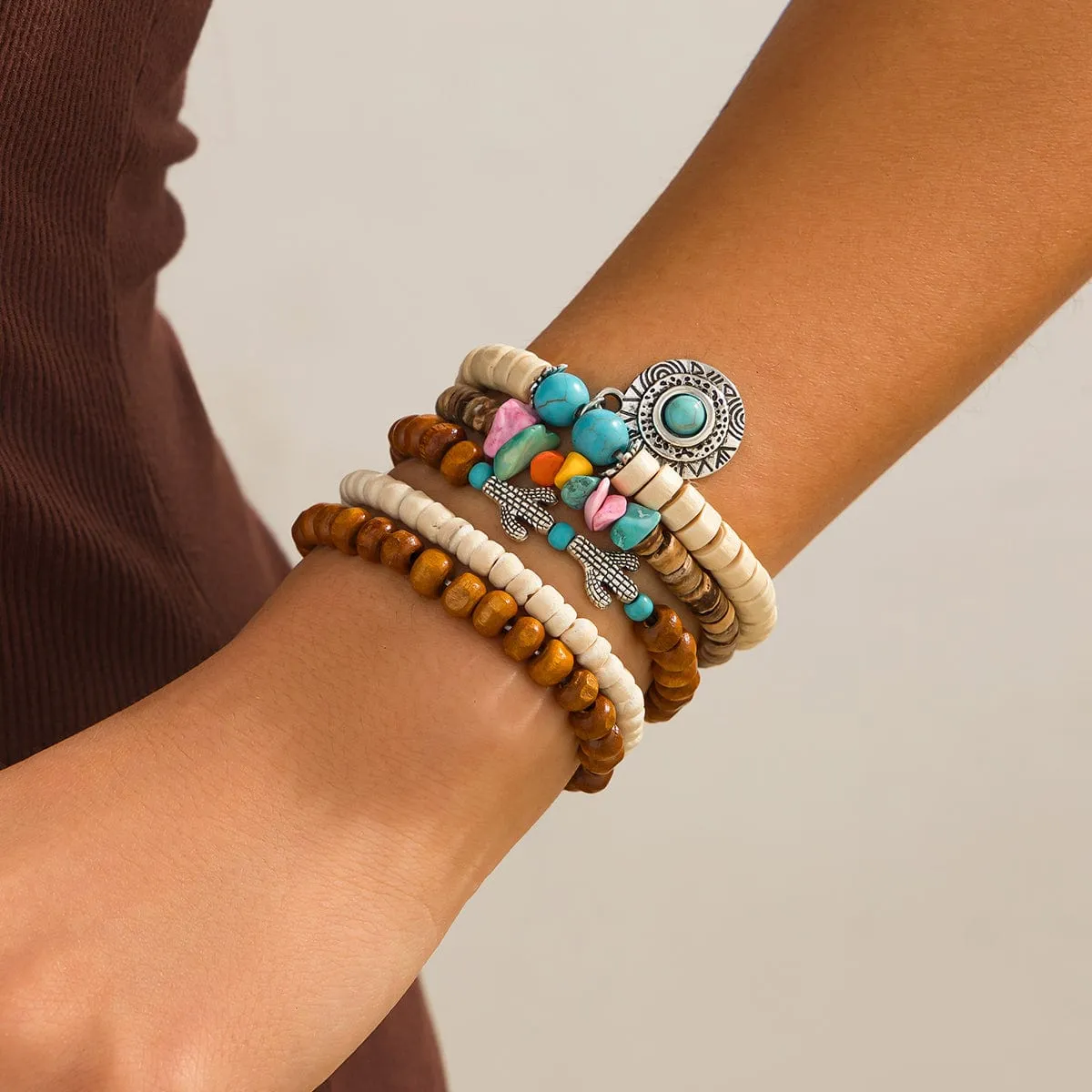 5 Pcs Turquoise Inlaid Round Disk Cactus Charm Coconut Shell Wood Beaded Chain Bracelet Set