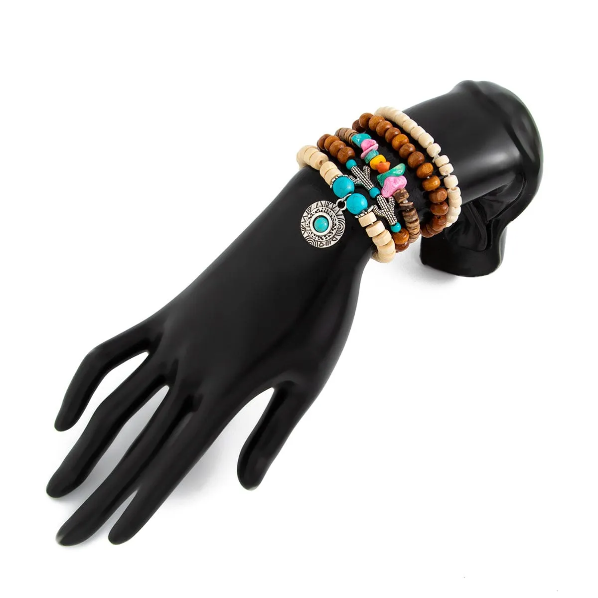 5 Pcs Turquoise Inlaid Round Disk Cactus Charm Coconut Shell Wood Beaded Chain Bracelet Set