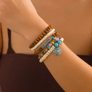 5 Pcs Turquoise Inlaid Round Disk Cactus Charm Coconut Shell Wood Beaded Chain Bracelet Set