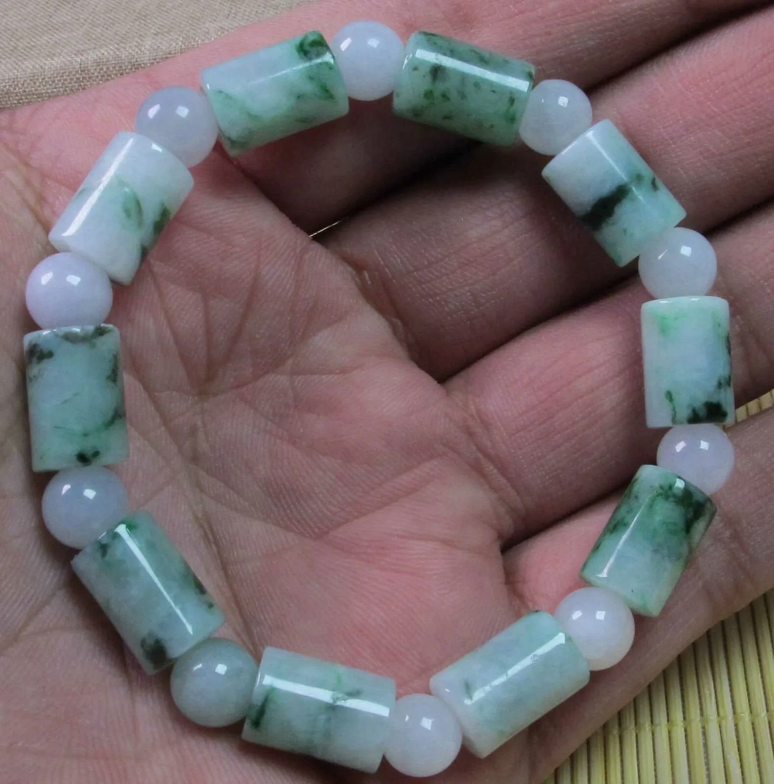 56-62 mm Certified Natural Jadeite Emerald A*Jade Beads Stretchy Hand catenary 串珠手链 1287-4s Bracelet