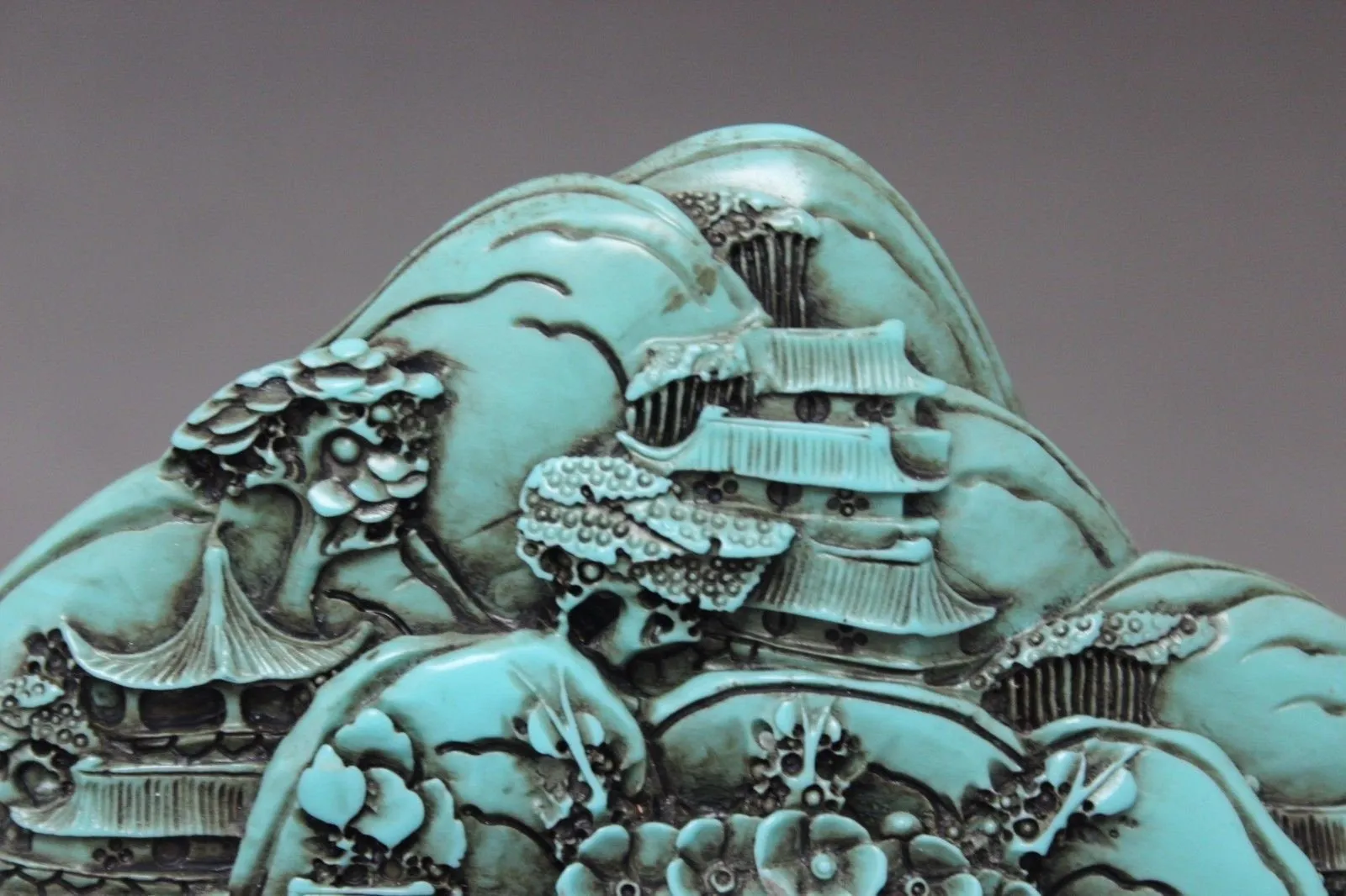 5.75''L- Chinese Natural Antique Exquisite Turquoise Handcarved Sculpture Landscape Statue