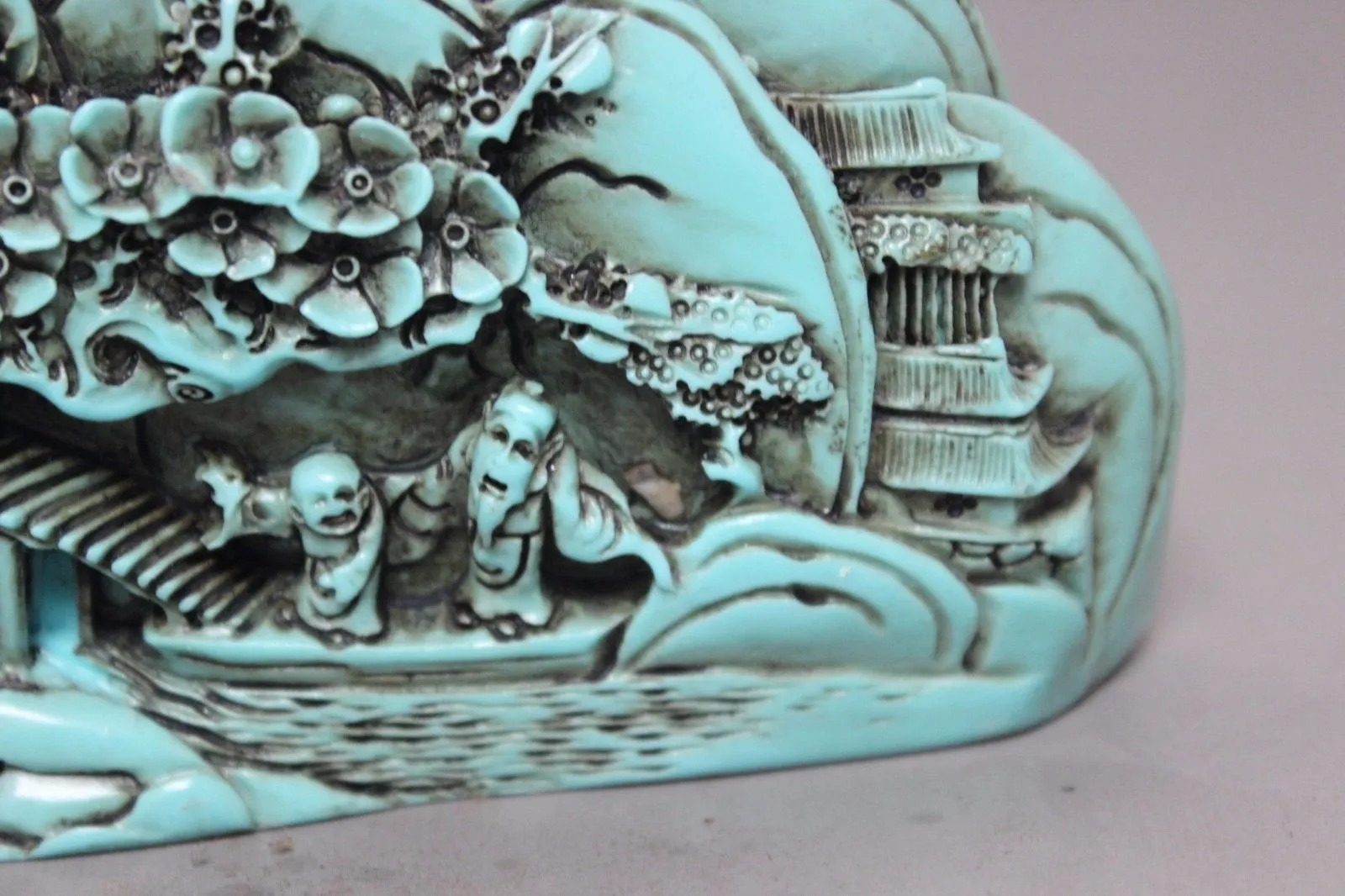 5.75''L- Chinese Natural Antique Exquisite Turquoise Handcarved Sculpture Landscape Statue