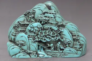 5.75''L- Chinese Natural Antique Exquisite Turquoise Handcarved Sculpture Landscape Statue