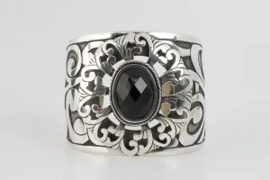 7.5" 925 Silver Black Stone Scroll Design Wide Cuff Bracelet (102.03g.)