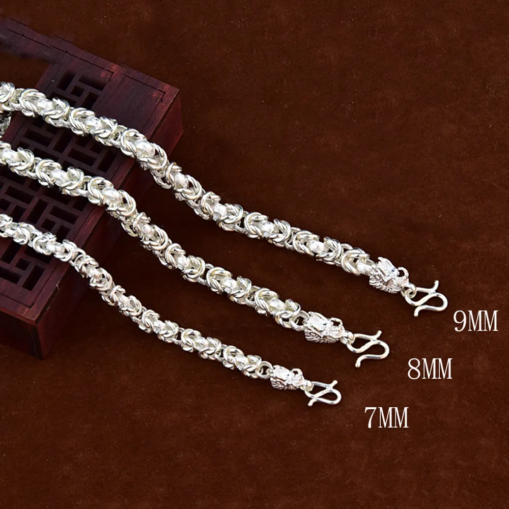 7/8/9mm Real Solid 990 Pure Silver Bracelets Animals Dragon Head Link Chain Jewelry 7.9"- 8.7"