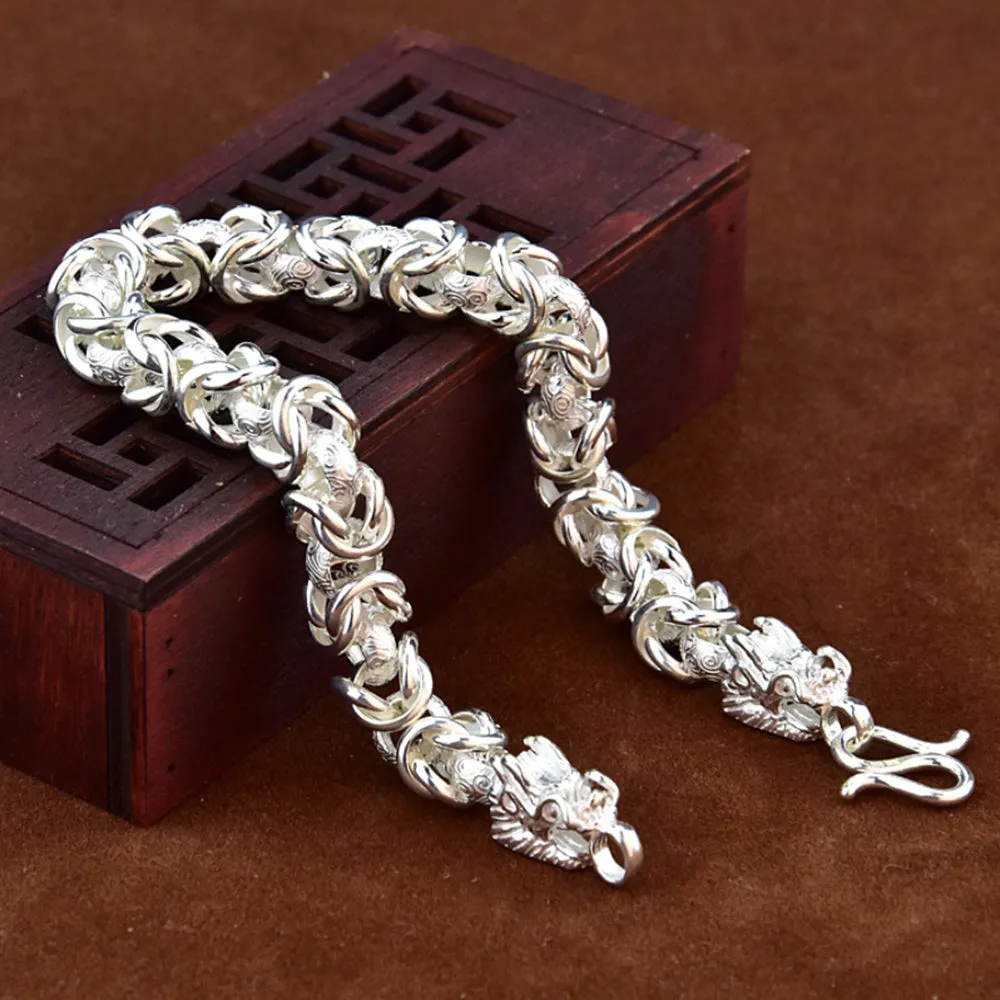 7/8/9mm Real Solid 990 Pure Silver Bracelets Animals Dragon Head Link Chain Jewelry 7.9"- 8.7"