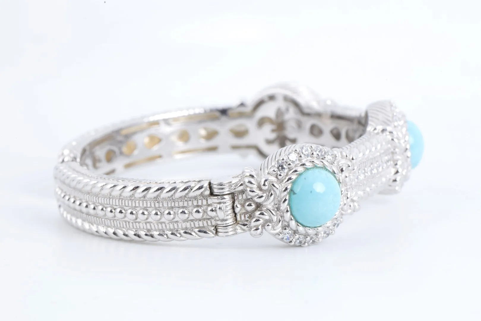 7" Judith Ripka 925 Silver Turquoise & CZ hinged Cuff Bracelet (48.18g.)