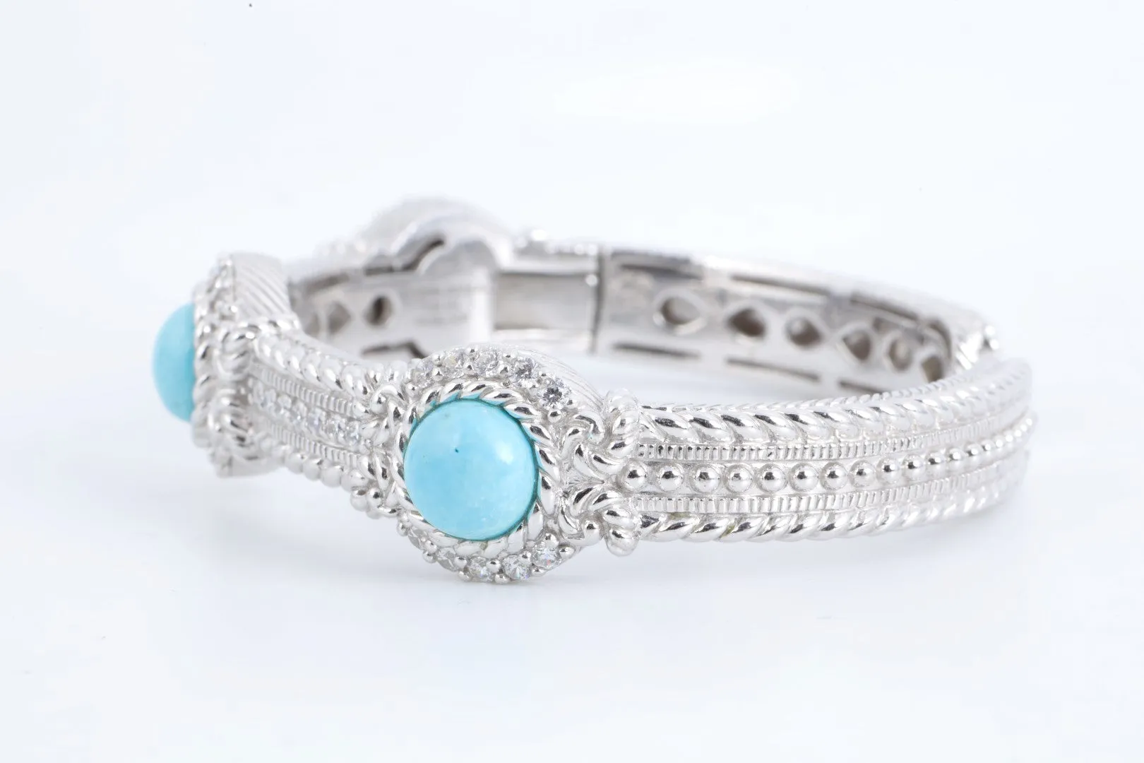 7" Judith Ripka 925 Silver Turquoise & CZ hinged Cuff Bracelet (48.18g.)