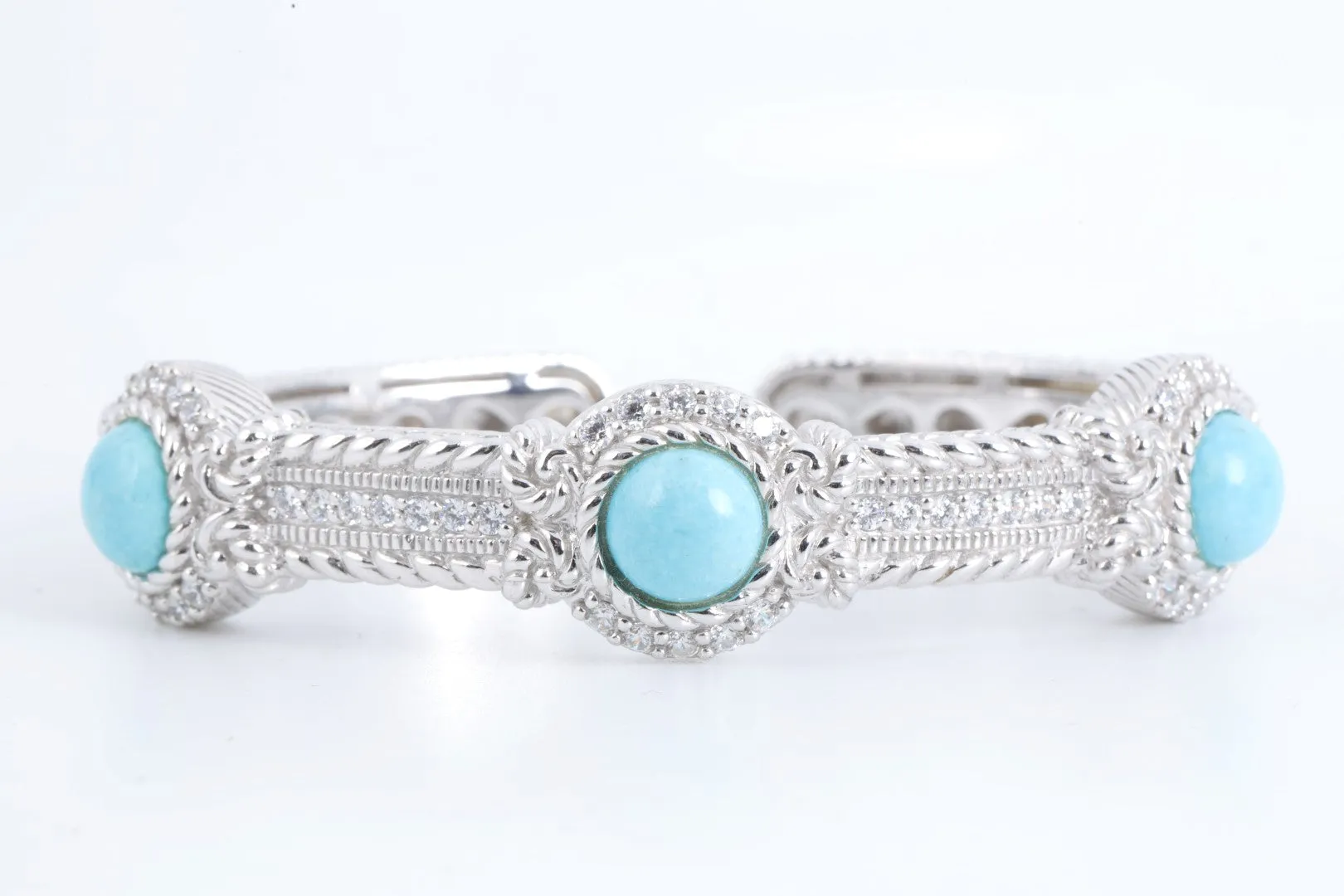 7" Judith Ripka 925 Silver Turquoise & CZ hinged Cuff Bracelet (48.18g.)