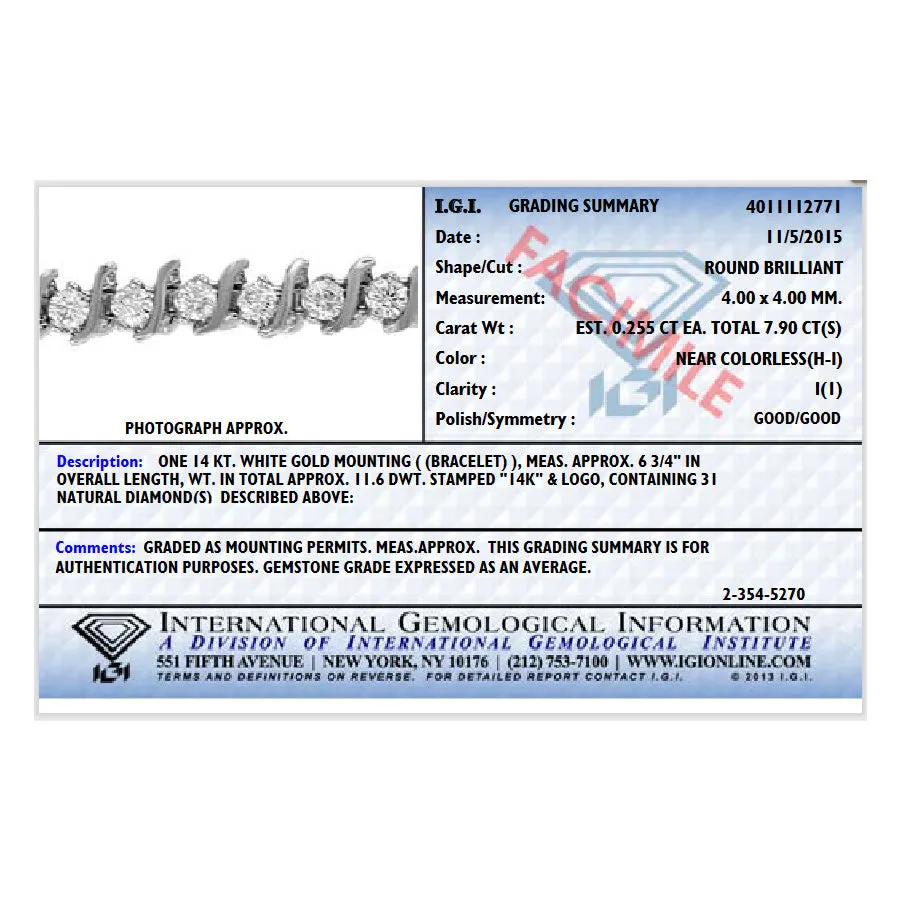 8 cttw S Link Diamond Tennis Bracelets in 14K White Gold