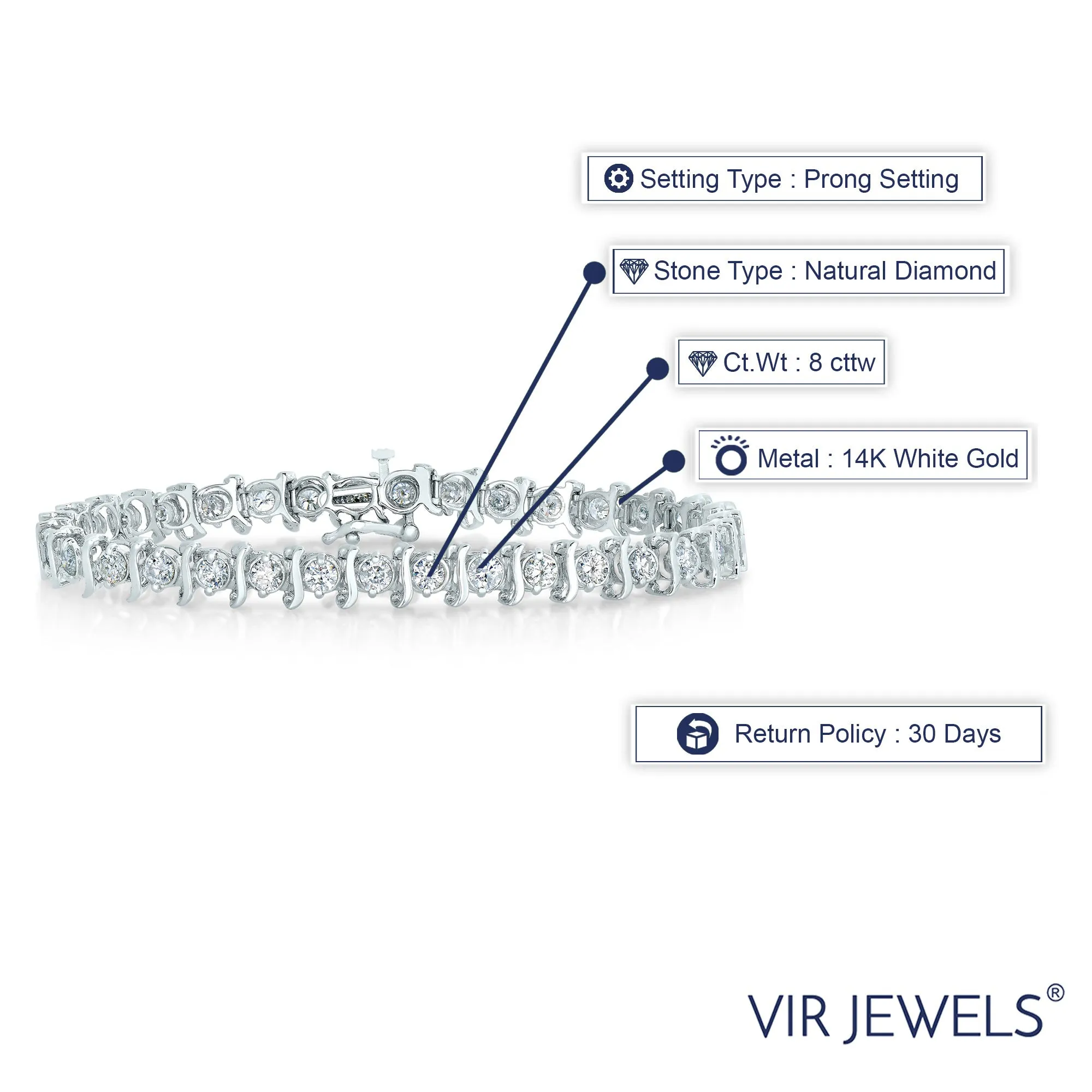 8 cttw S Link Diamond Tennis Bracelets in 14K White Gold