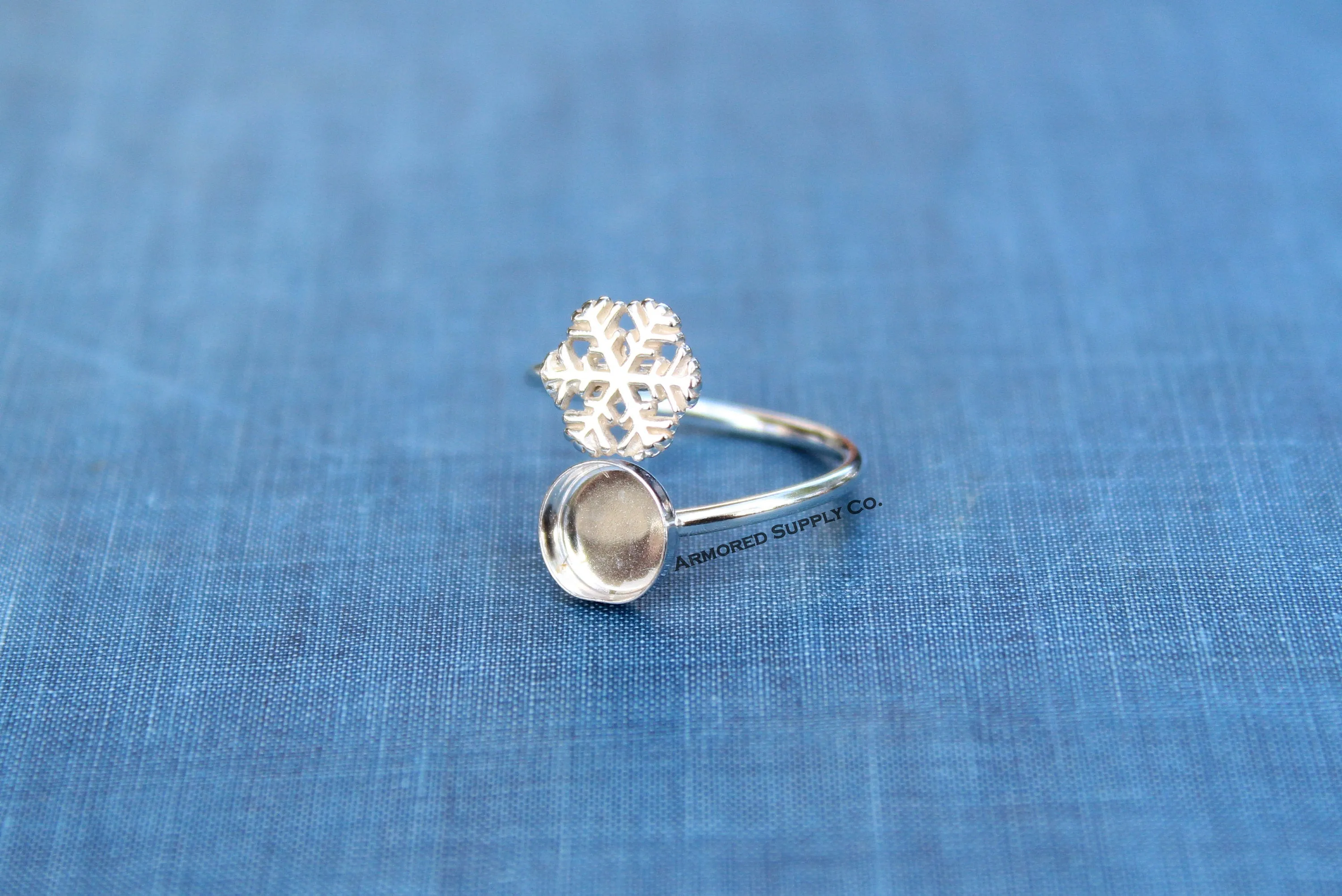 8mm Bezel Sterling Silver Snowflake Wrap Bypass Adjustable Ring blank