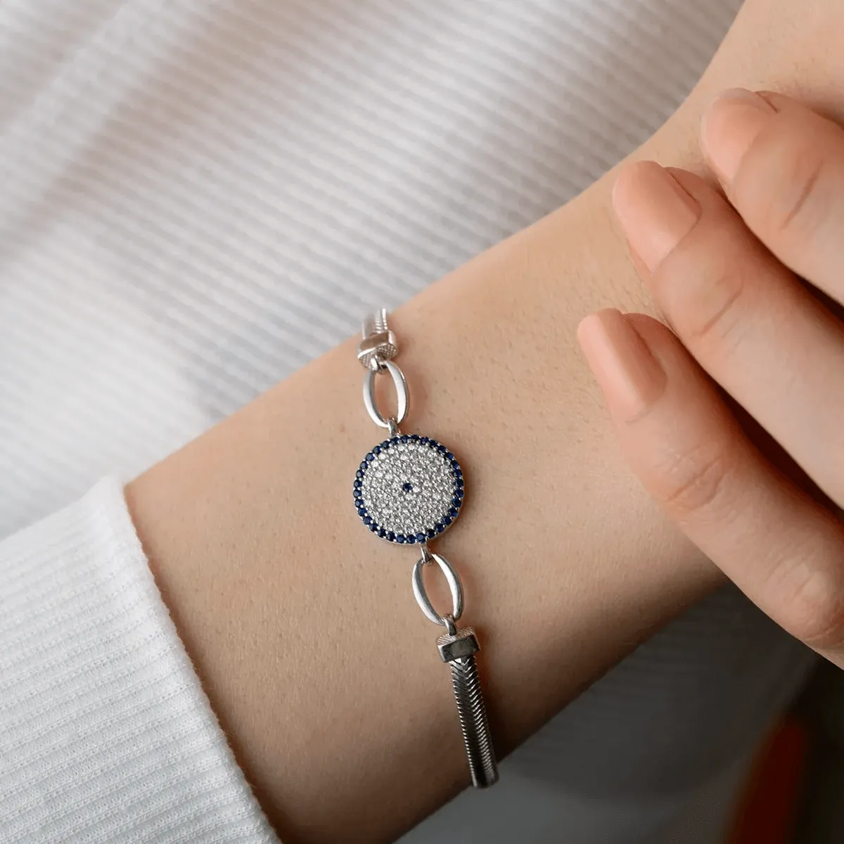 925 Silver Herringbone Chain Bracelet with Evil Eye Charm