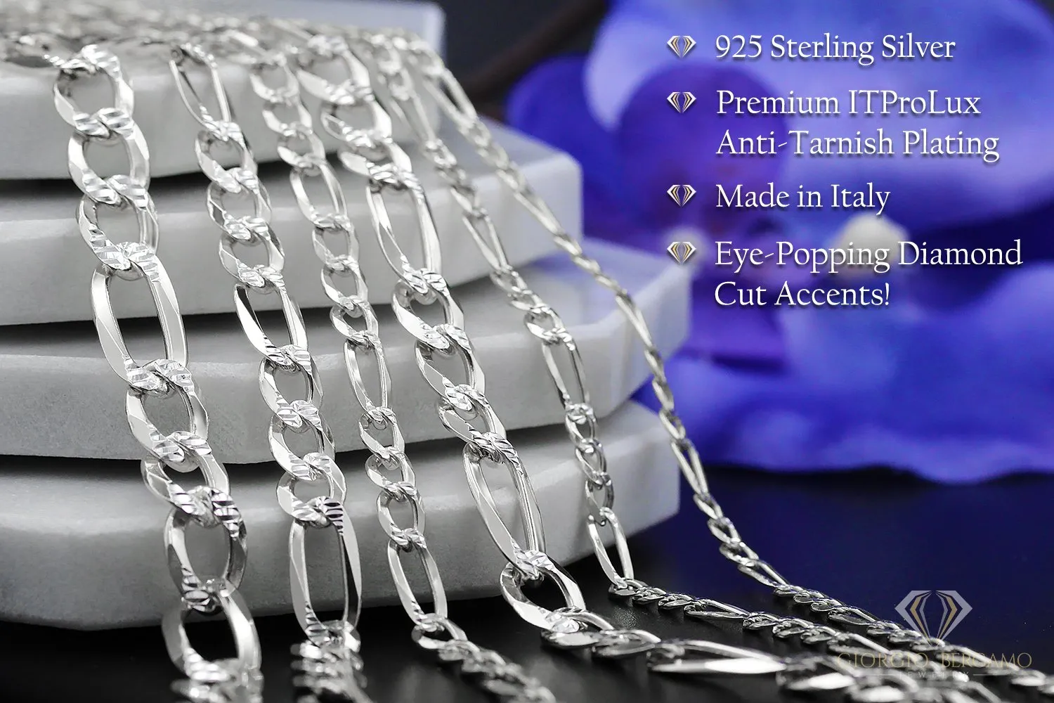 925 Sterling Silver Solid Figaro 2.5mm Diamond Cut Pave ITProLux Link Bracelet