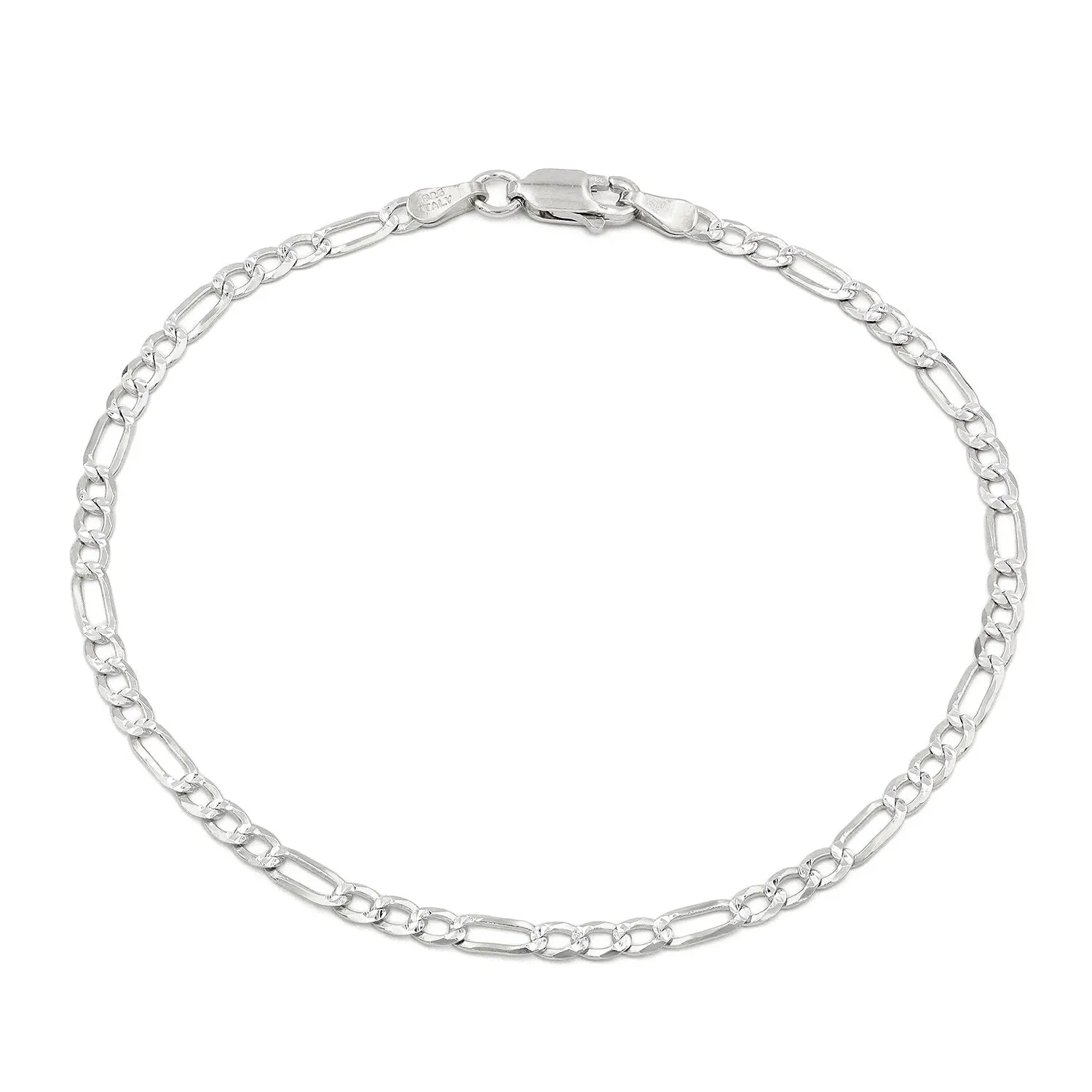 925 Sterling Silver Solid Figaro 2.5mm Diamond Cut Pave ITProLux Link Bracelet