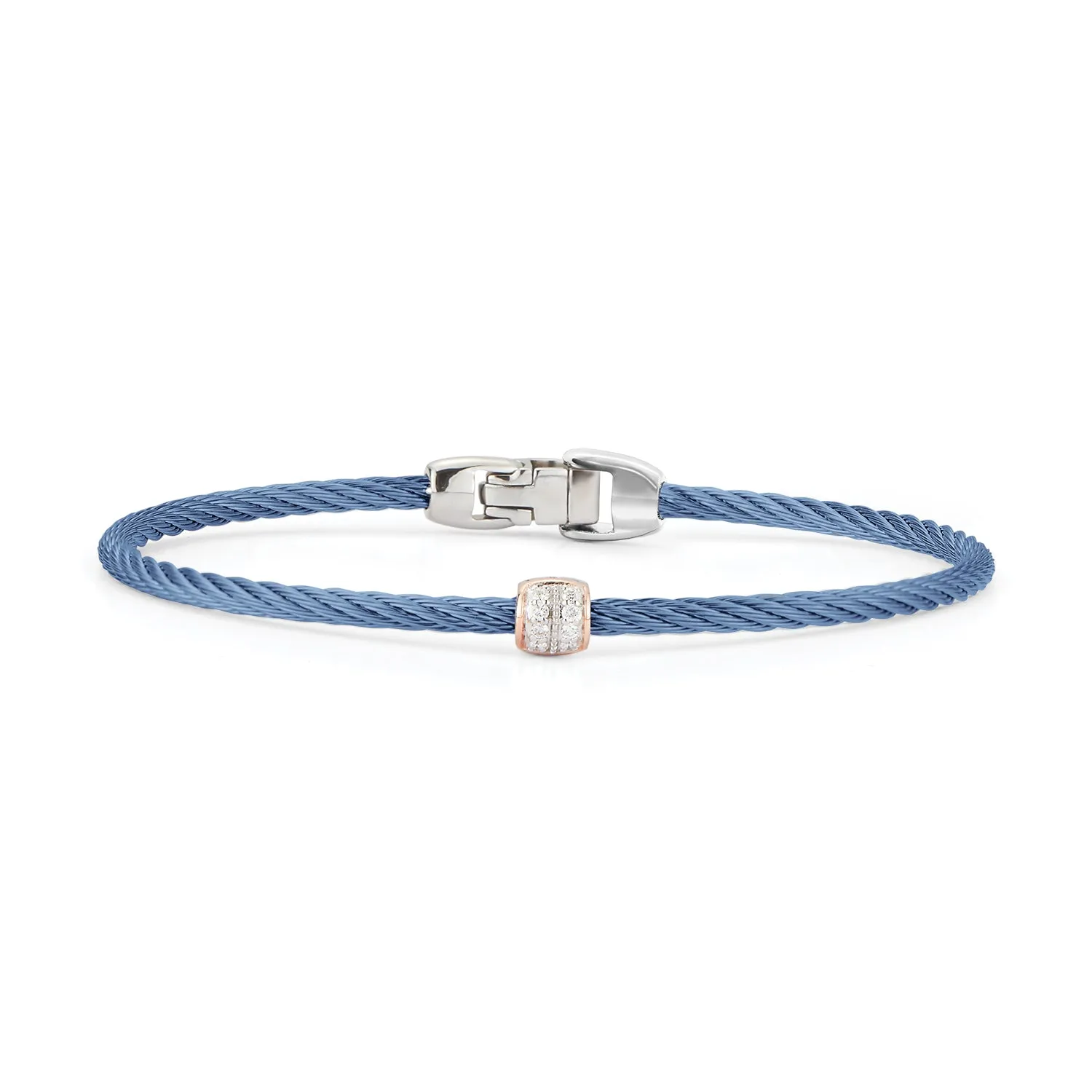 Alor 7" Caribbean Blue Stainless Steel Cable Bracelet with 18k Rose Gold and Diamond Bracelet, Dia=.07tw