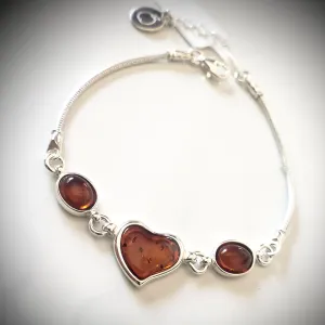 Amber Heart in Sterling Silver Adjustable Bracelet