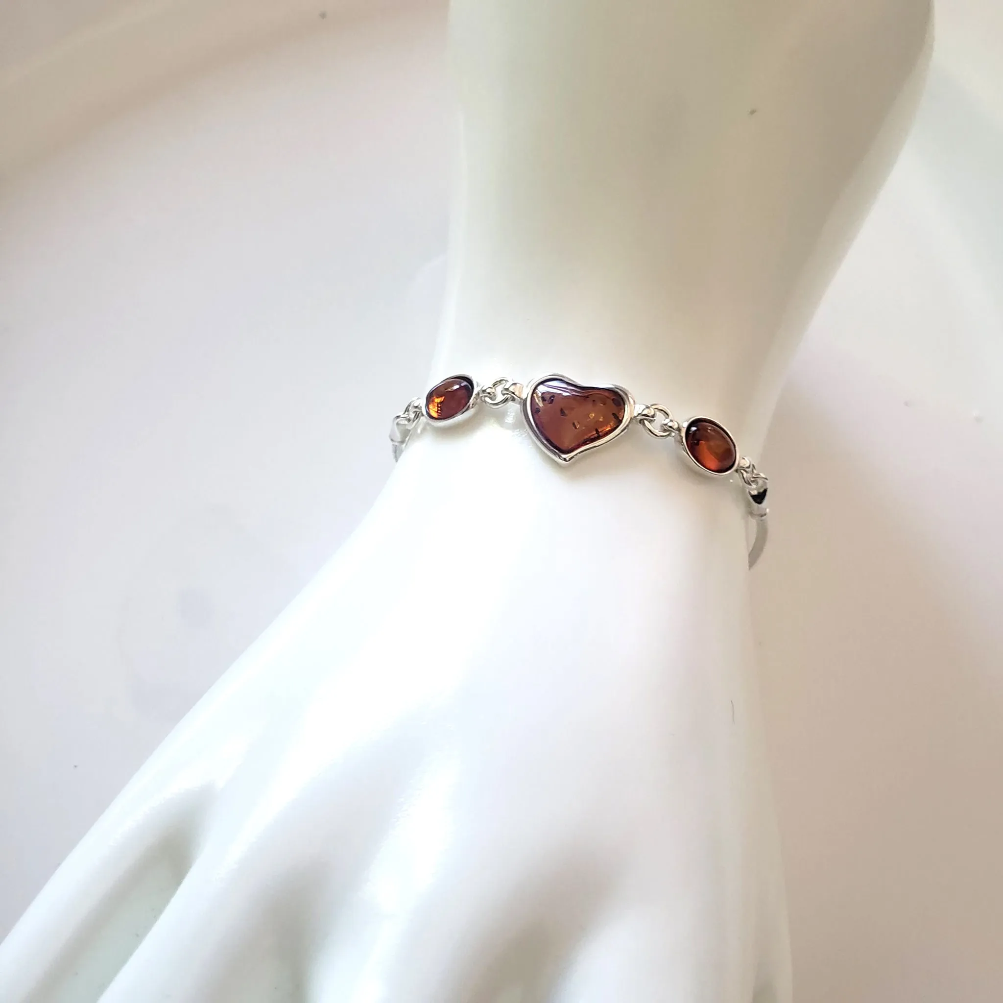 Amber Heart in Sterling Silver Adjustable Bracelet