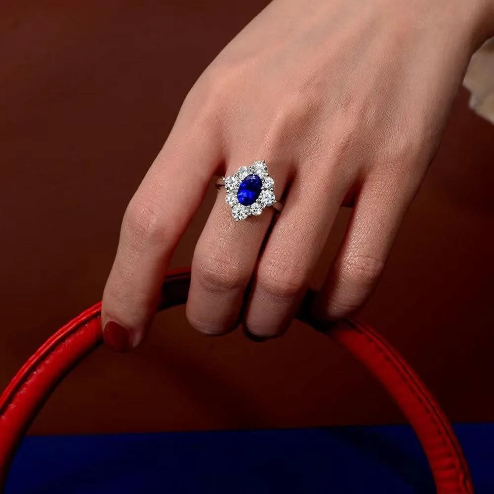 Anna Zuckerman Sterling Silver Oval Sapphire Blue Cubic Zirconia Halo Ring, Size 5 (97702)