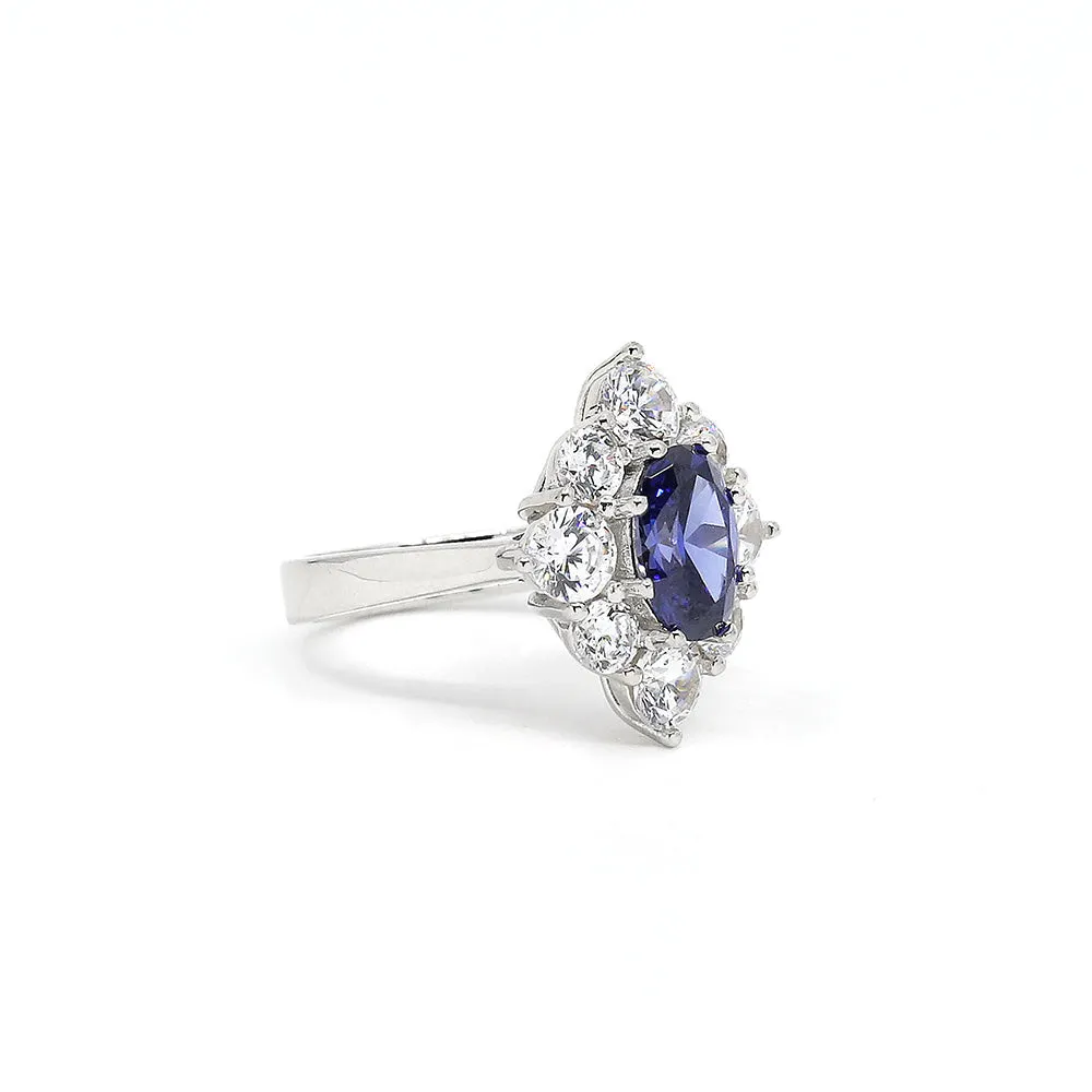 Anna Zuckerman Sterling Silver Oval Sapphire Blue Cubic Zirconia Halo Ring, Size 5 (97702)